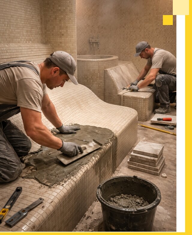 Лежаки для хамама под ключ в Уфе, проект и монтаж