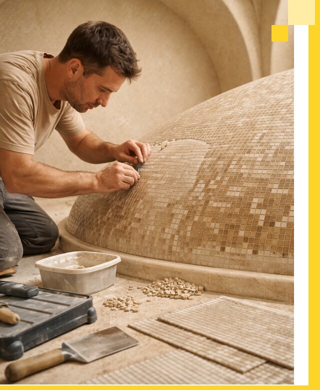 Профессиональная укладка мозаики для хамама под ключ в Уфе